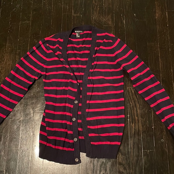 21 Men Forever21 Men's Red and Black Buttoned Striped Long Sleeve Cardigan - Picture 1 of 6
